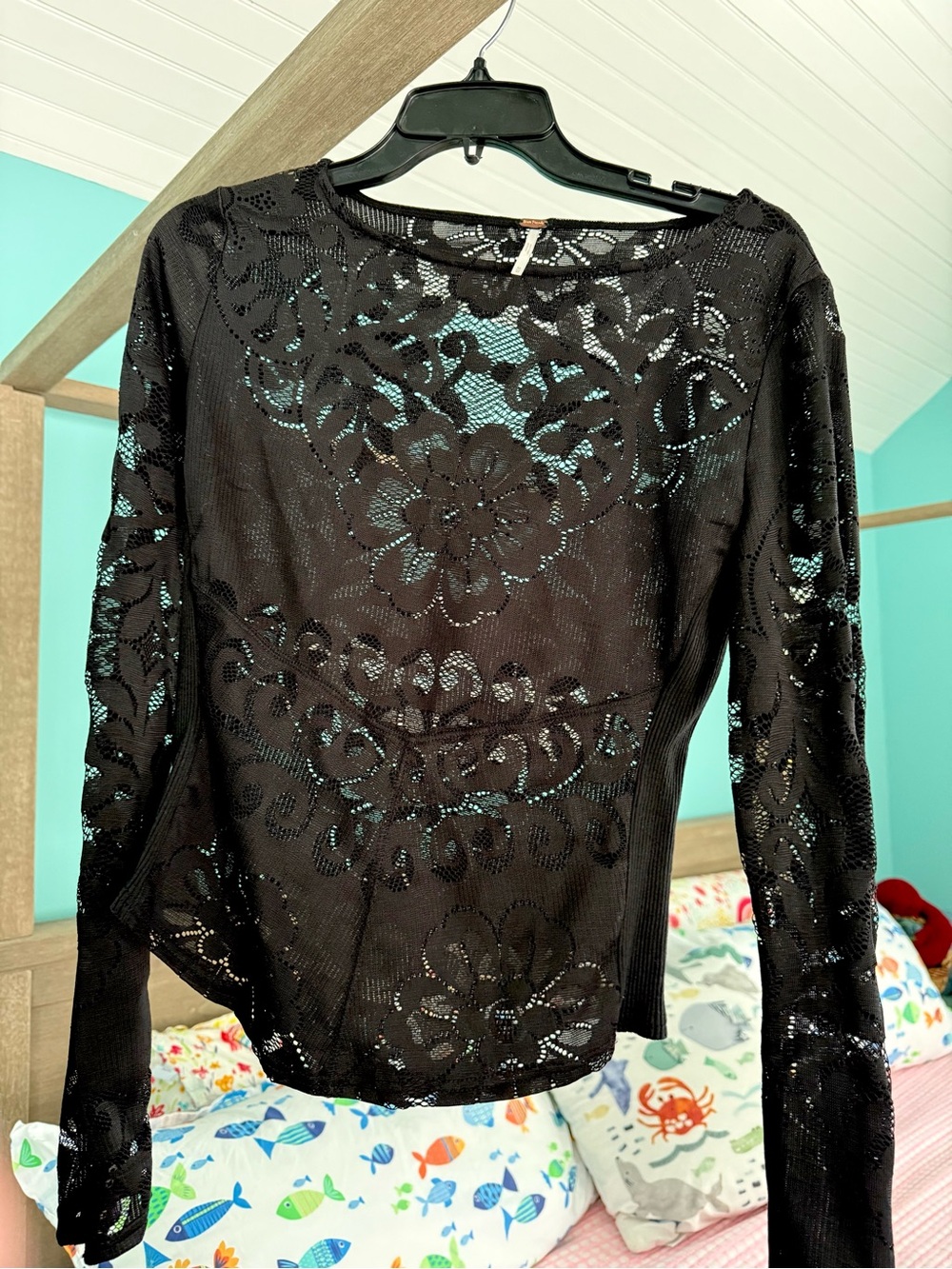 Free People Sheer Floral Lace Long-Sleeve Top - Black